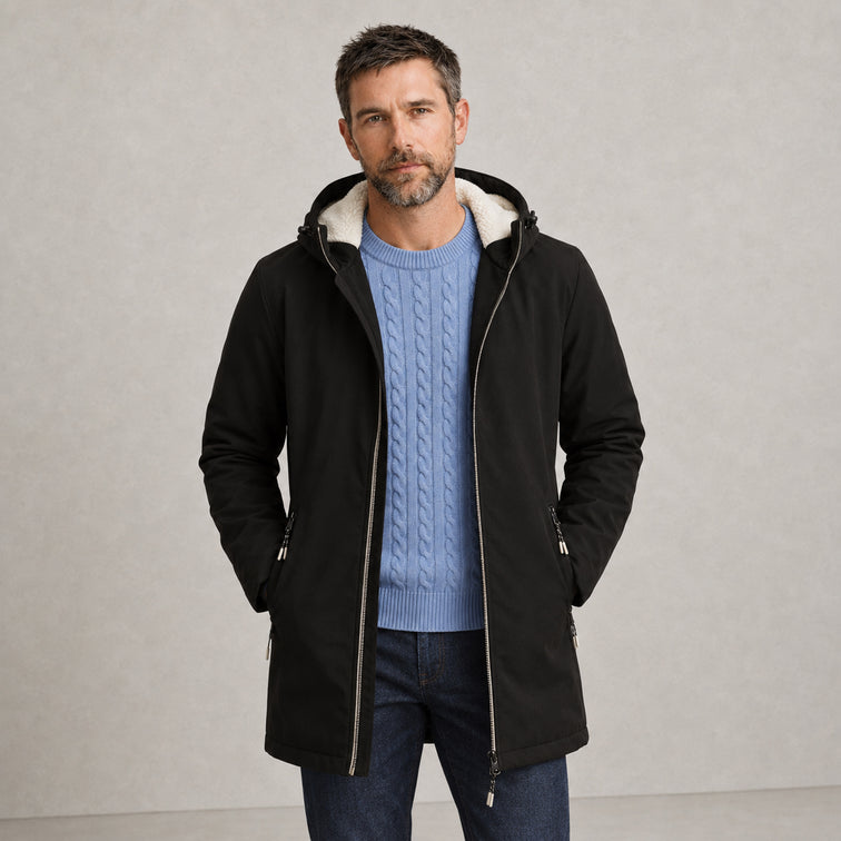 Parka longue à capuche doublée en sherpa
