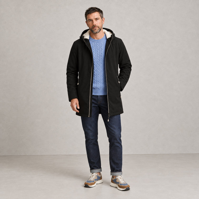Parka longue à capuche doublée en sherpa